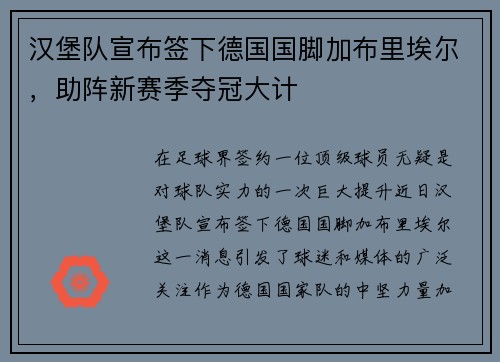 汉堡队宣布签下德国国脚加布里埃尔，助阵新赛季夺冠大计